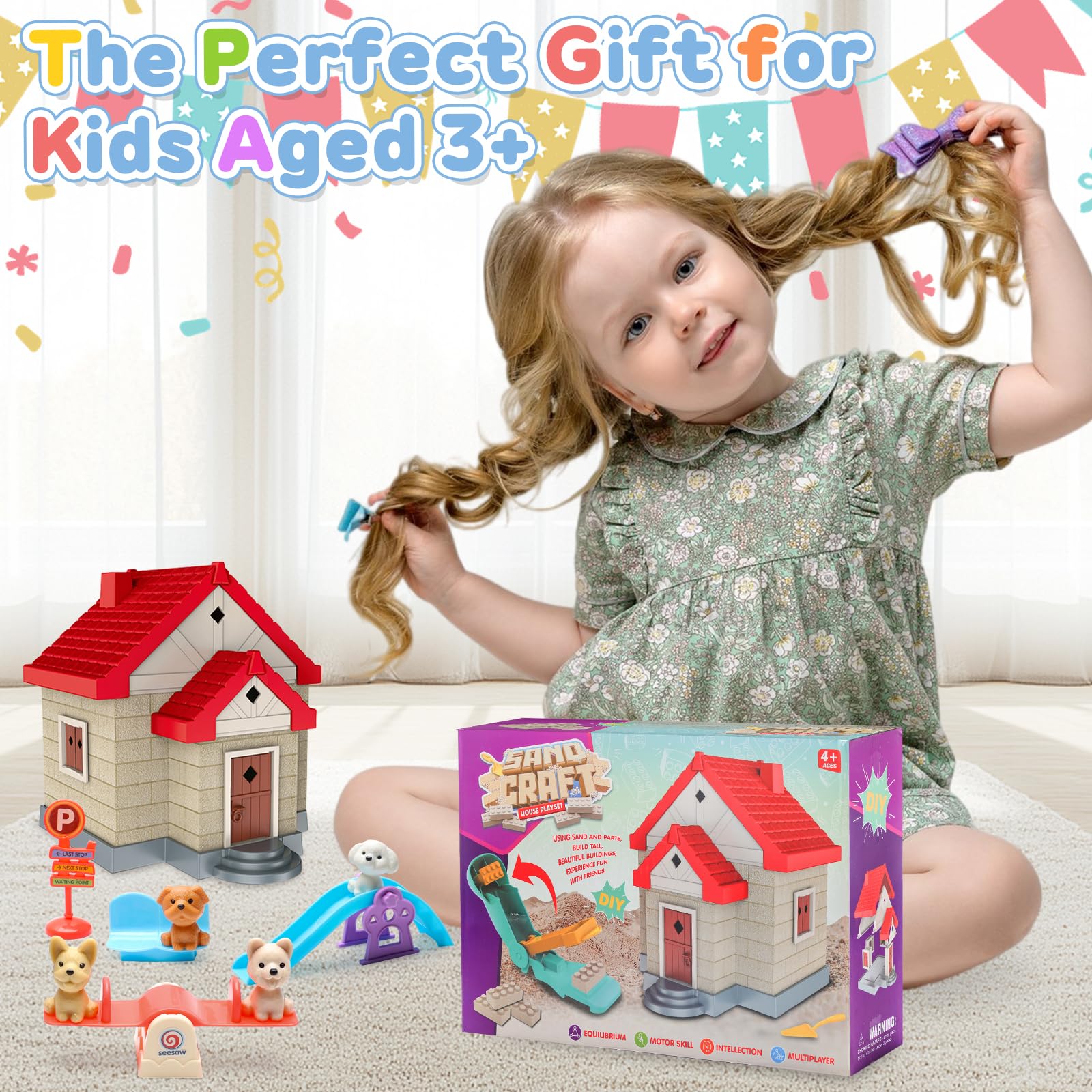 Crelloci Construction Sand Toy Set: 1.7 lbs Magic Sand, House Molds, & Dog Play Set for Ages 3-8