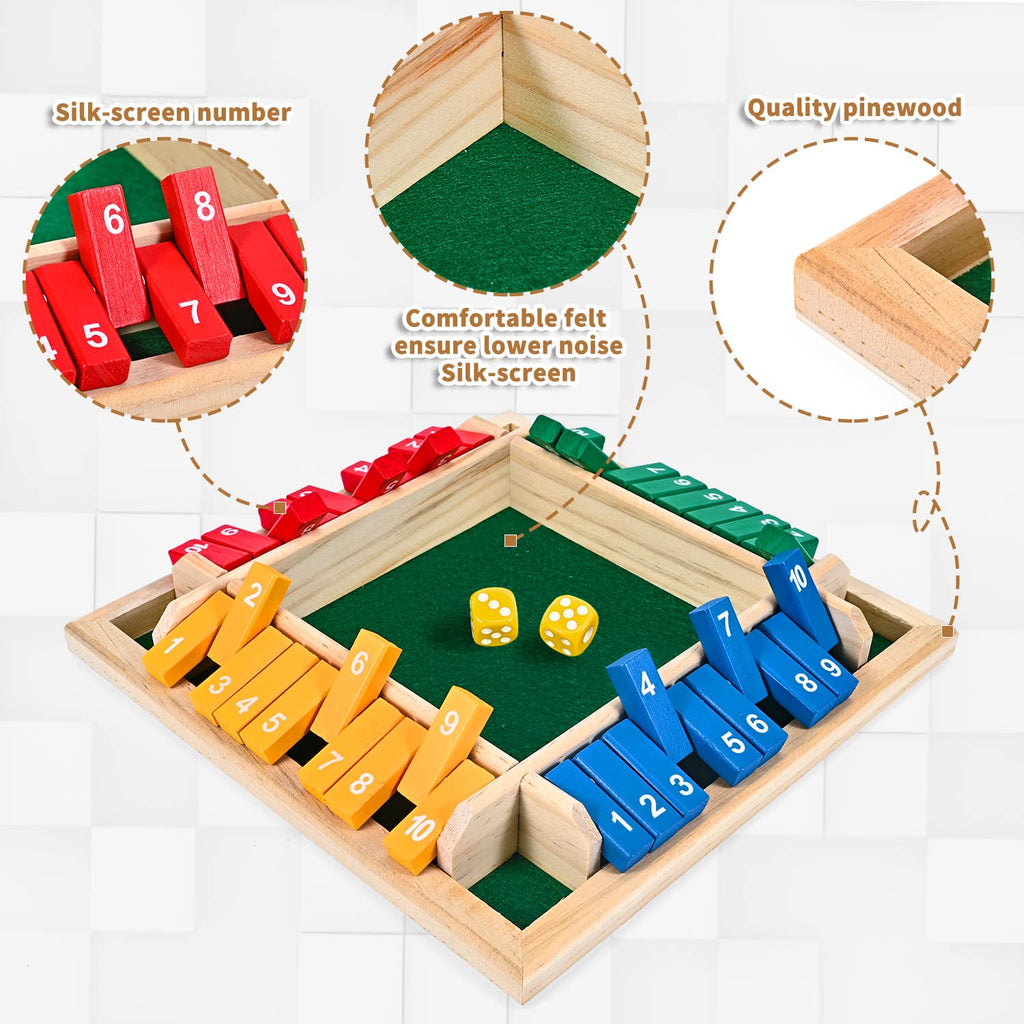 CRETVIS 4-Player Wooden Shut the Box Dice Game - 10 Numbers, 8 Dice