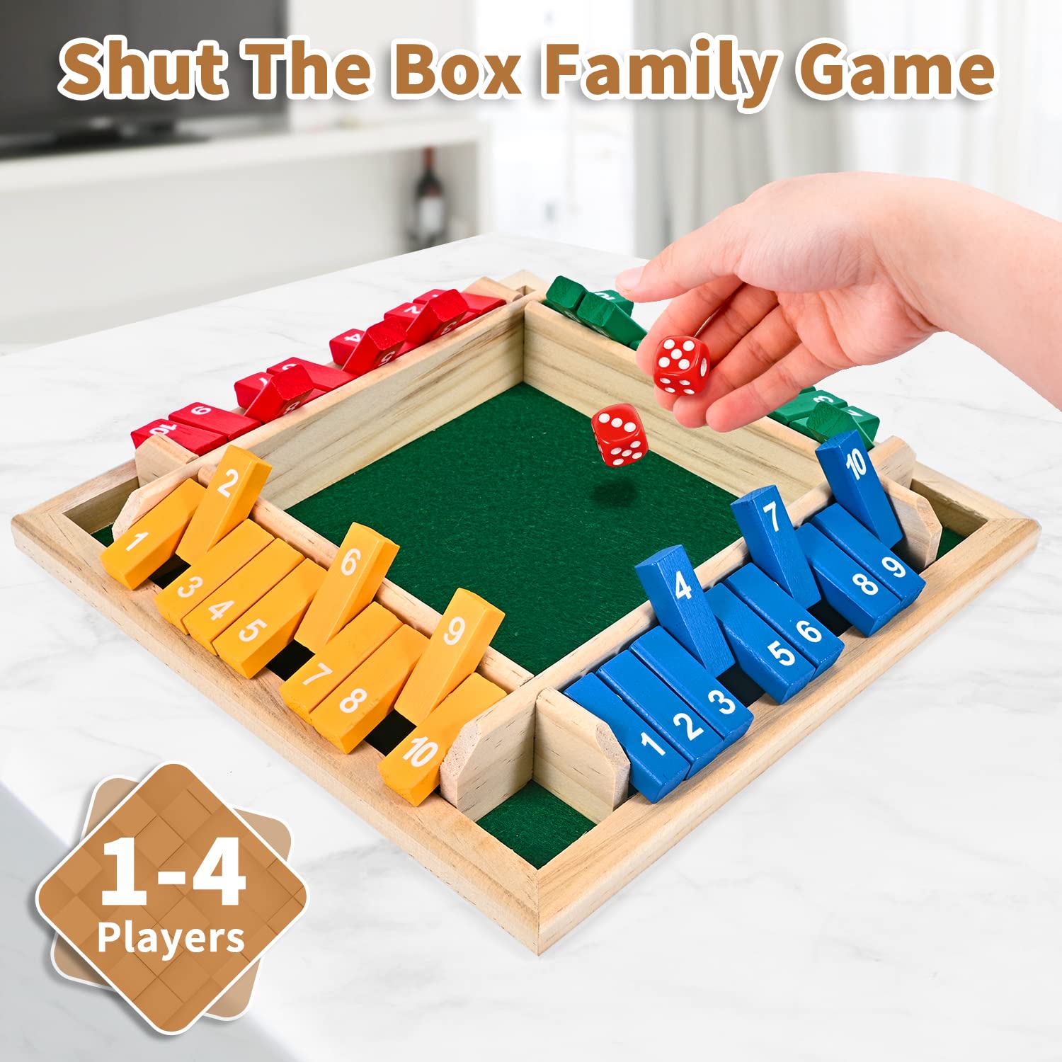 CRETVIS 4-Player Wooden Shut the Box Dice Game - 10 Numbers, 8 Dice