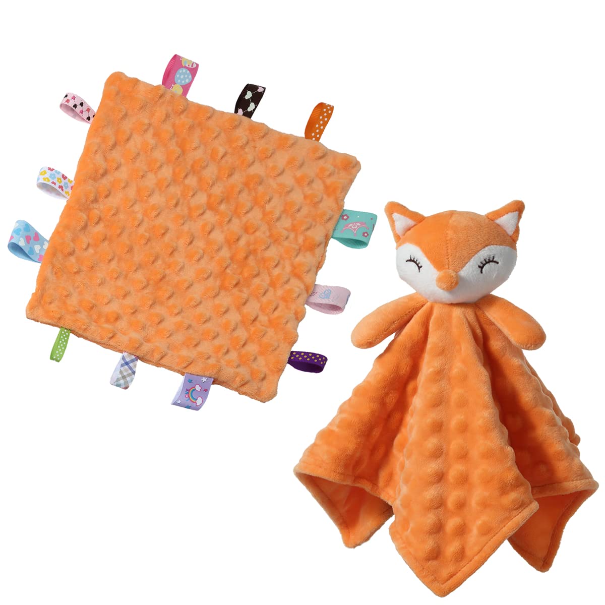 CREVENT Orange Fox Security Blanket Set – Soft Plush Lovey and Tag Blanket for Baby, Toddler, or Pet