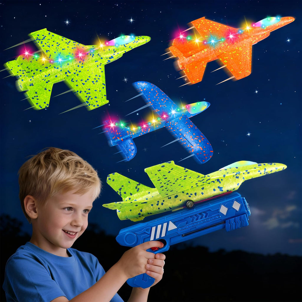 CRILARY 3-Pack Airplane Launcher Toys – 13.2-Inch LED F-15 Fighter Jets & Glider for Kids Ages 4-12