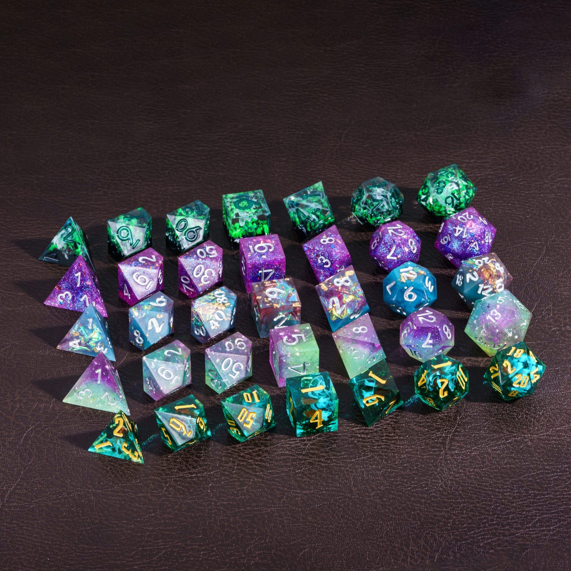 CRITALLIC 7-Piece Sharp Edge Resin Dice Mystery Set for D&D, Pathfinder, TTRPG