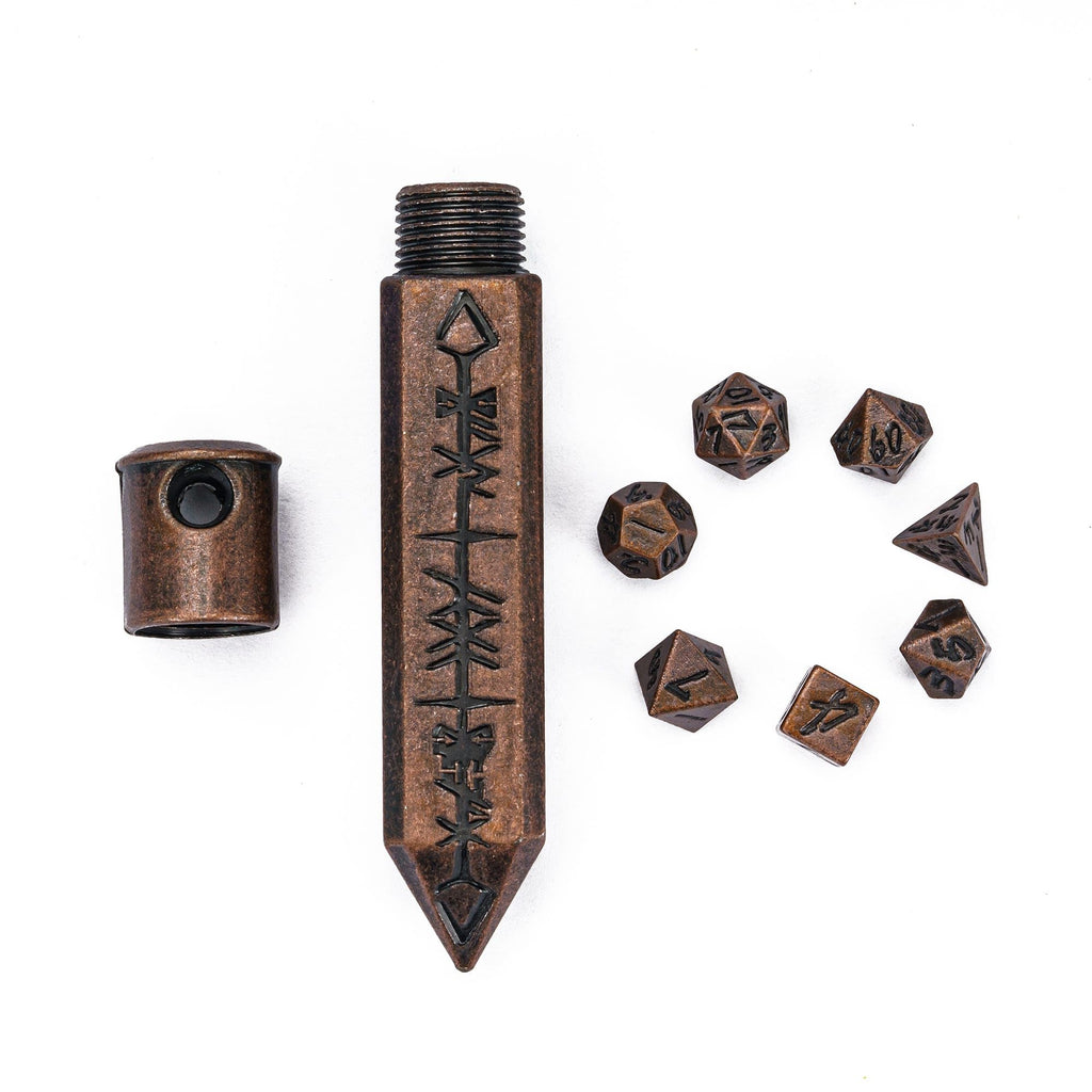 CRITALLIC Mini Metal Dice Set (7 Polyhedral Dice) with Rune Keychain Case - Red Copper