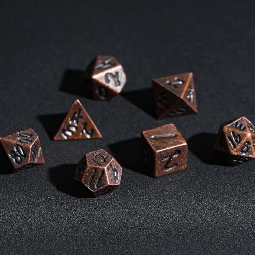 CRITALLIC Mini Metal Dice Set (7 Polyhedral Dice) with Rune Keychain Case - Red Copper