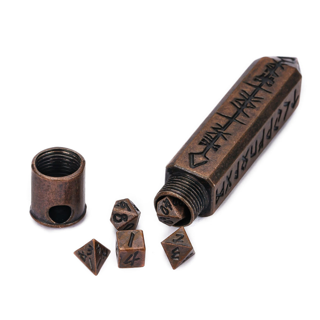 CRITALLIC Mini Metal Dice Set (7 Polyhedral Dice) with Rune Keychain Case - Red Copper