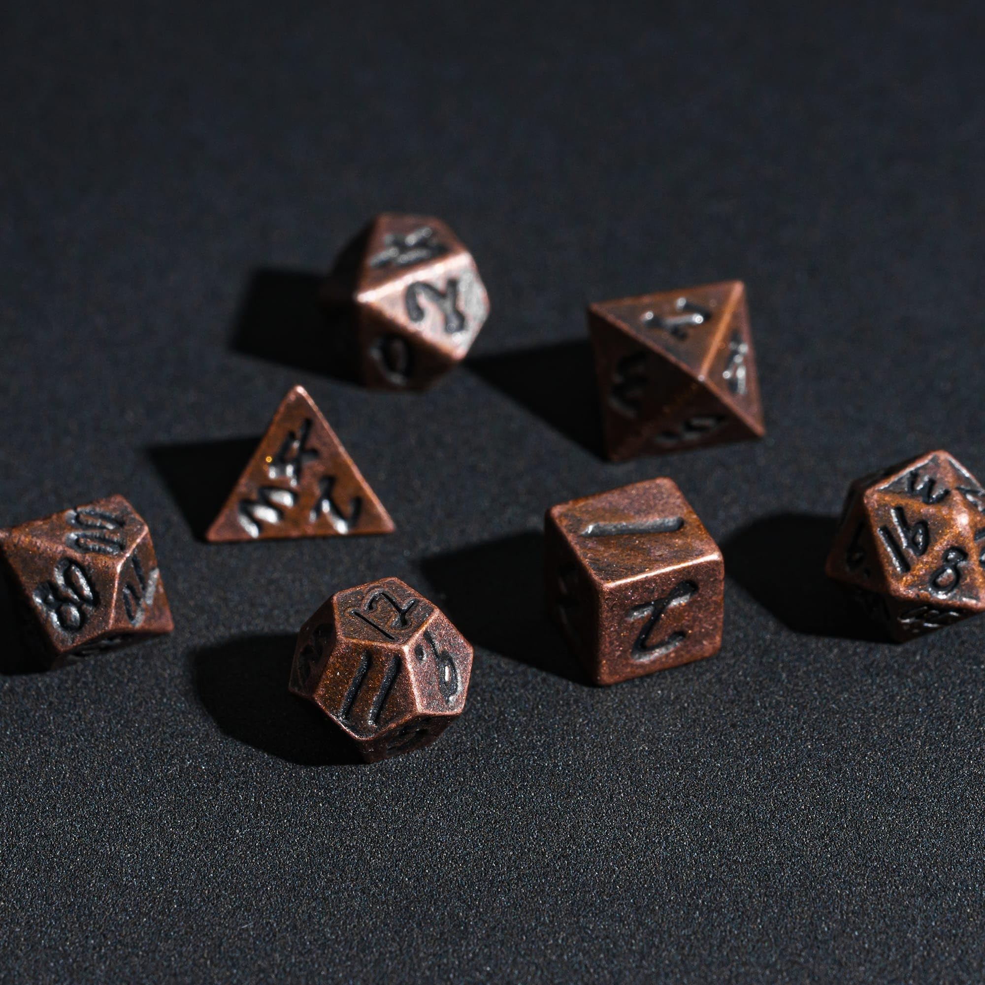 CRITALLIC Mini Metal Dice Set (7 Polyhedral Dice) with Rune Keychain Case - Red Copper