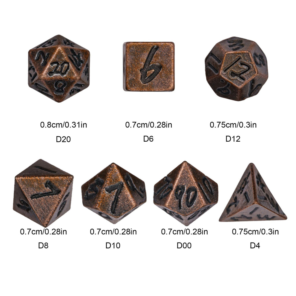 CRITALLIC Mini Metal Dice Set (7 Polyhedral Dice) with Rune Keychain Case - Red Copper