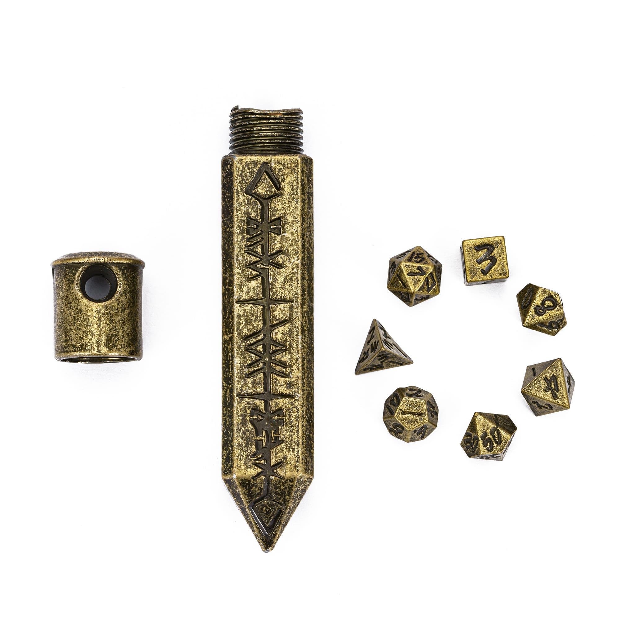 CRITALLIC Mini Metal Dice Set with Rune Keychain Case - 7 Polyhedral Dice for DND (Bronze)