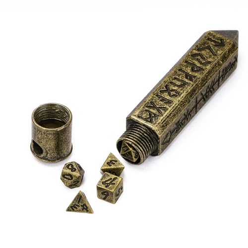 CRITALLIC Mini Metal Dice Set with Rune Keychain Case - 7 Polyhedral Dice for DND (Bronze)