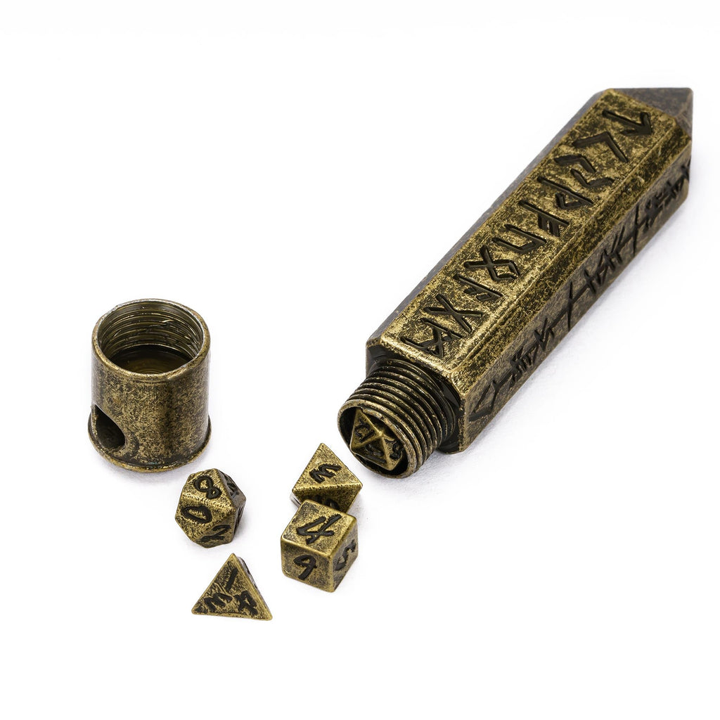 CRITALLIC Mini Metal Dice Set with Rune Keychain Case - 7 Polyhedral Dice for DND (Bronze)