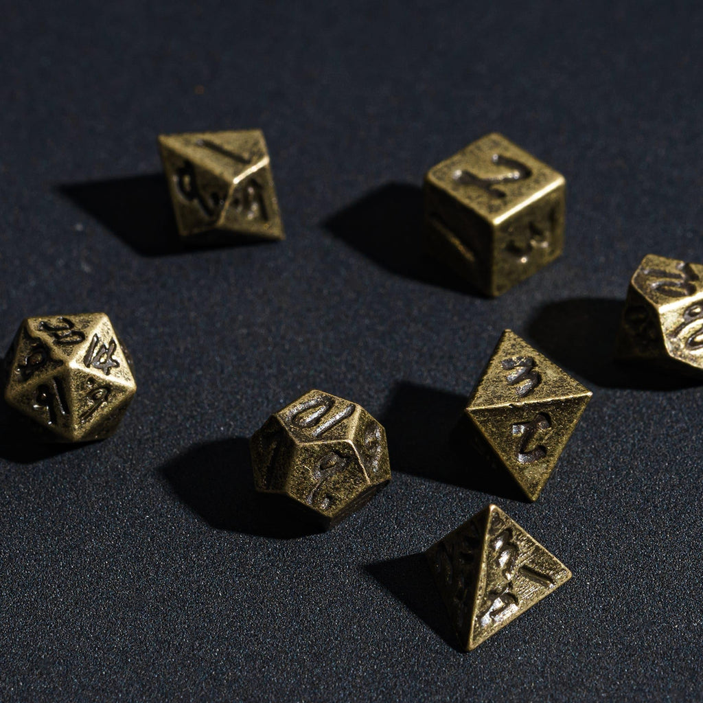 CRITALLIC Mini Metal Dice Set with Rune Keychain Case - 7 Polyhedral Dice for DND (Bronze)