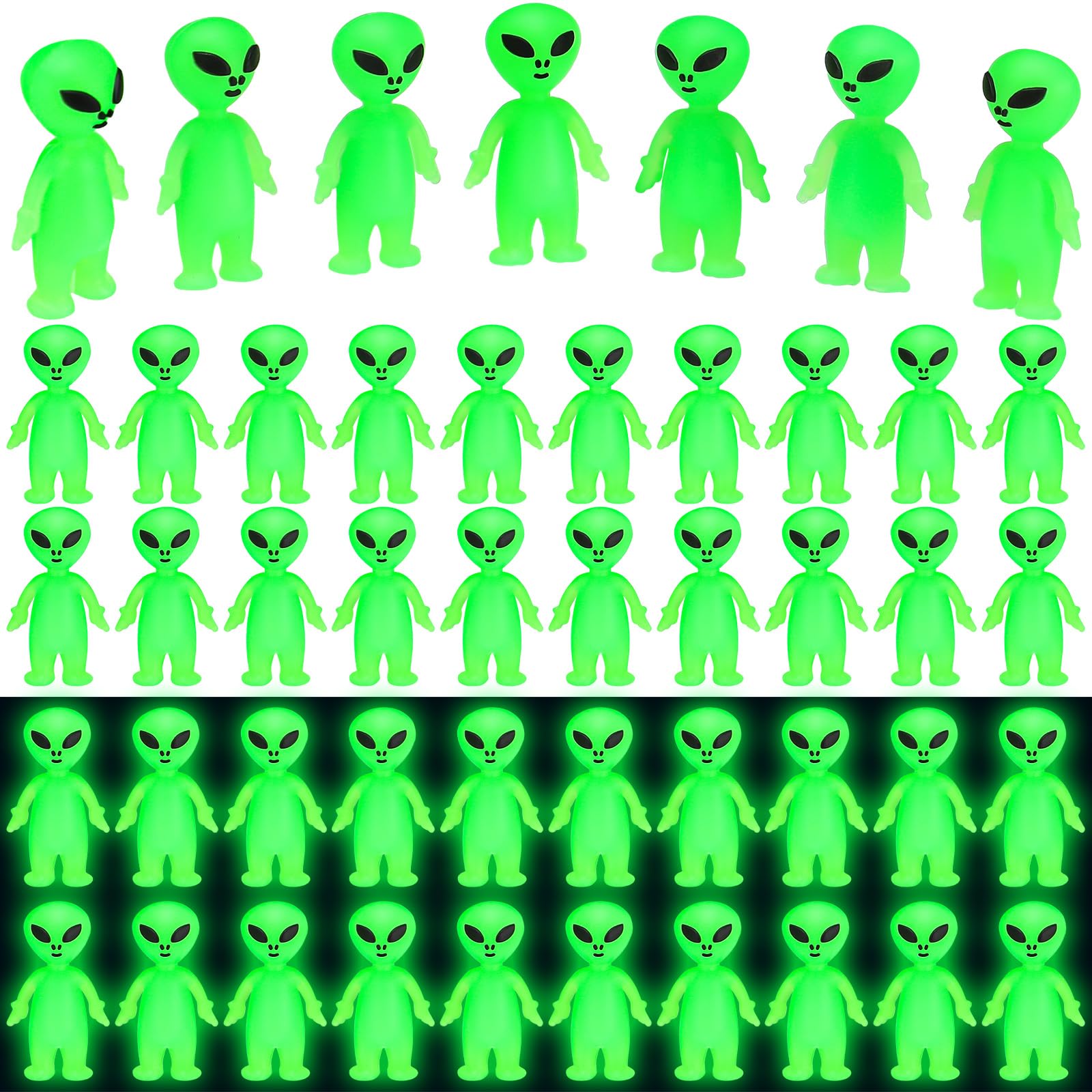 CroBlissful 50-Pack Glow-in-the-Dark Mini Alien Figurines - Green Tiny Aliens for Party Favors, Prank Toys, and Hide-and-Seek Games