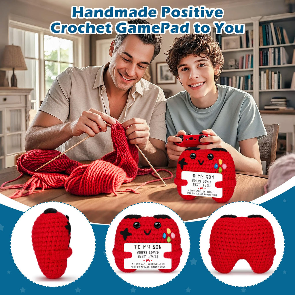 Crochet Game Controller Plush Gift with Inspirational Card - Handmade Soft Yarn Decor for Gamers, Son, Dad - Busy Gaming Life