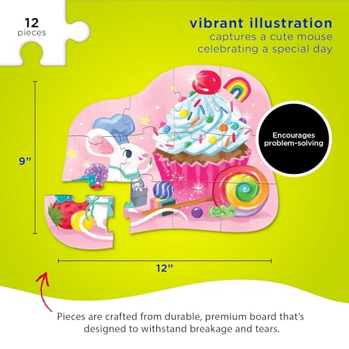 Crocodile Creek 12-Piece Mini Jigsaw Puzzle - Birthday Cupcake and Mouse - 12" x 9" - Ages 2+