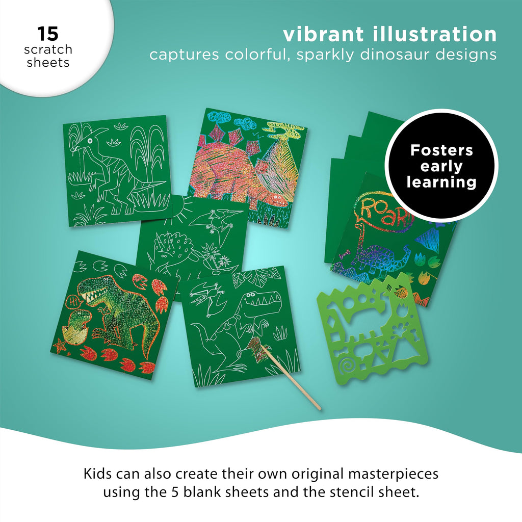 Crocodile Creek Dinosaur Scratch Art Set - 16 Sparkle Sheets with Stencil and Stylus for Kids Ages 3-8