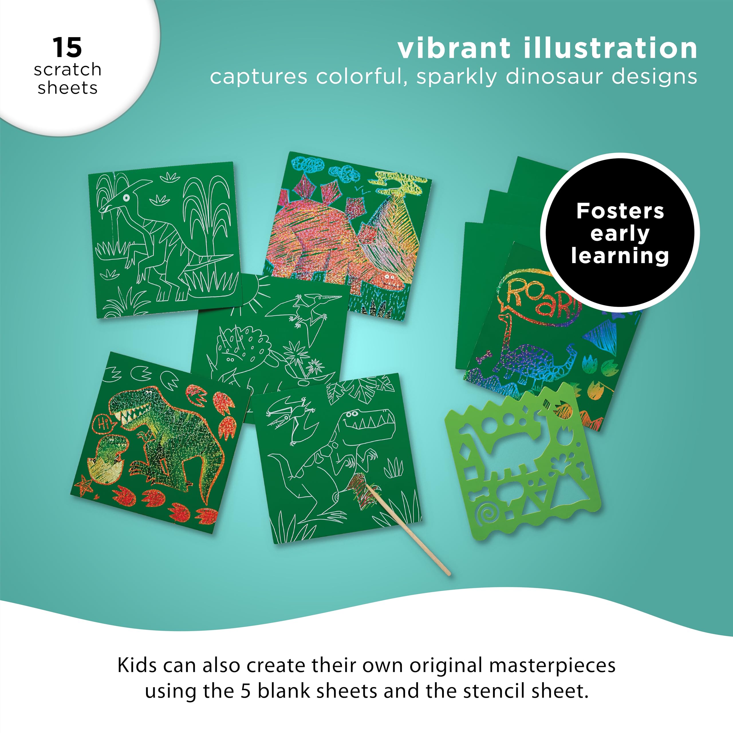 Crocodile Creek Dinosaur Scratch Art Set - 16 Sparkle Sheets with Stencil and Stylus for Kids Ages 3-8