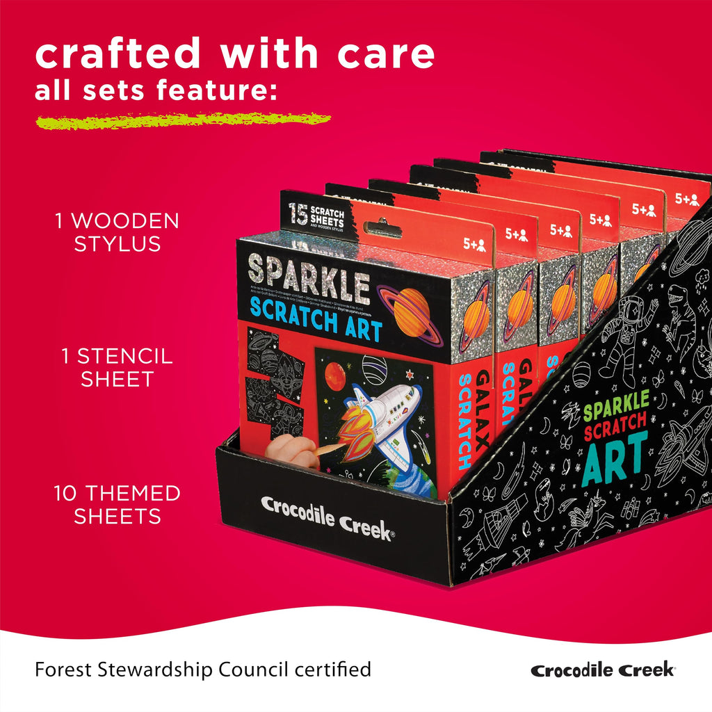 Crocodile Creek Dinosaur Scratch Art Set - 16 Sparkle Sheets with Stencil and Stylus for Kids Ages 3-8