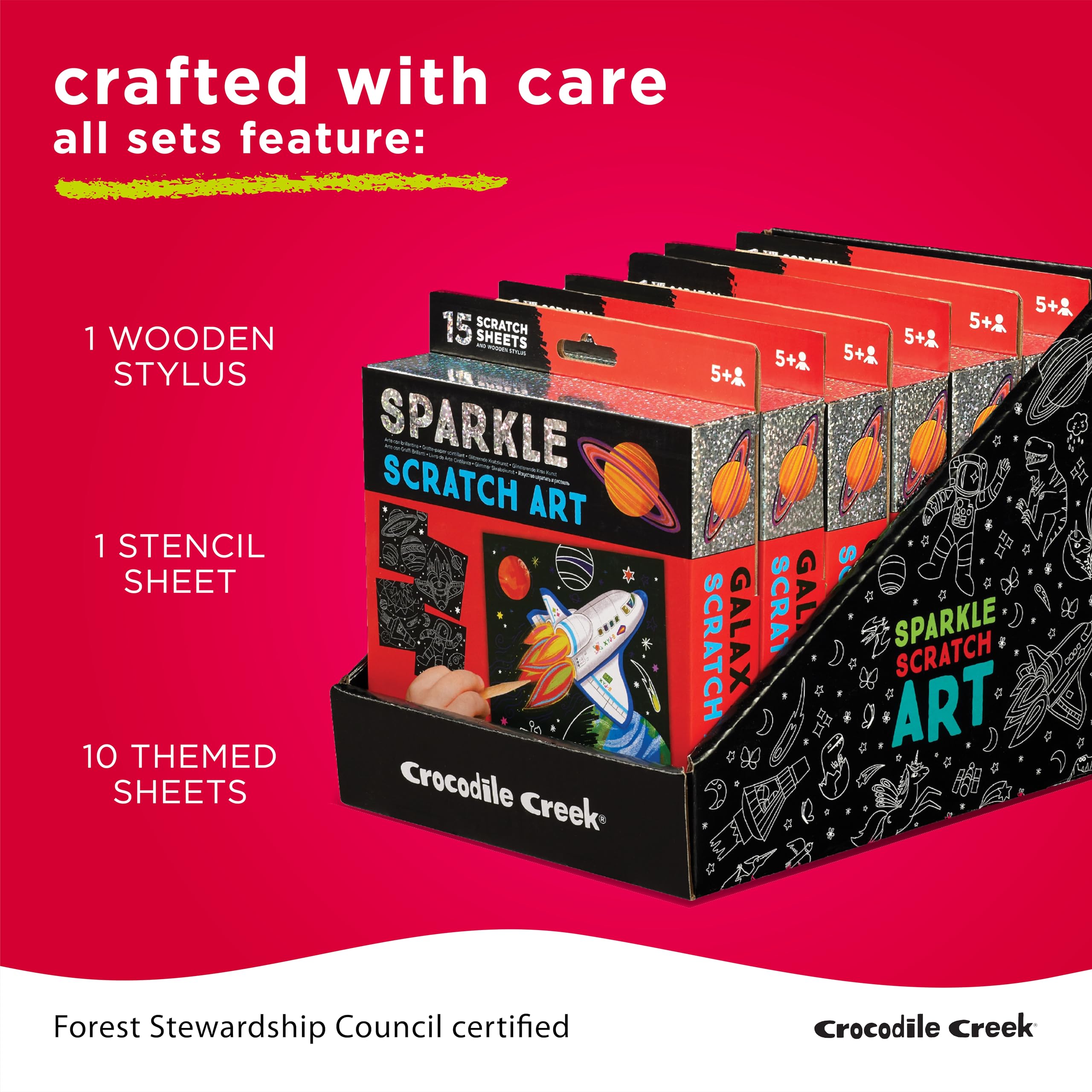 Crocodile Creek Dinosaur Scratch Art Set - 16 Sparkle Sheets with Stencil and Stylus for Kids Ages 3-8
