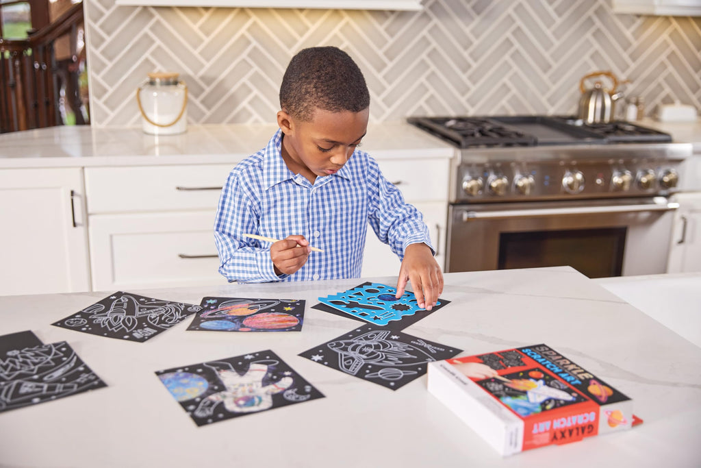 Crocodile Creek Dinosaur Scratch Art Set - 16 Sparkle Sheets with Stencil and Stylus for Kids Ages 3-8