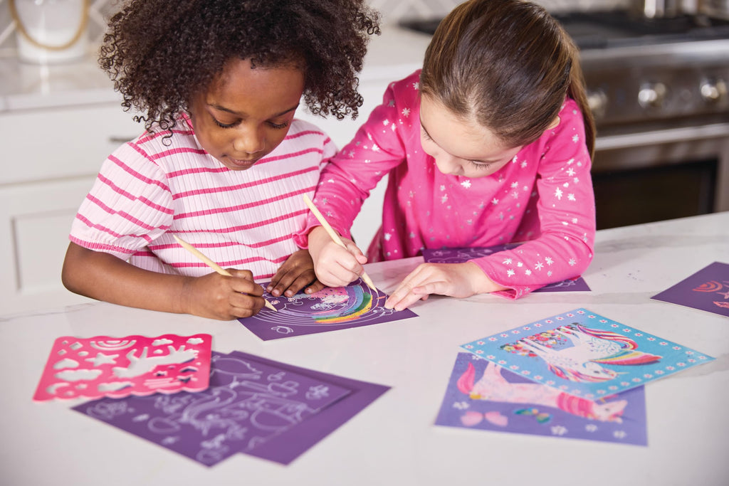 Crocodile Creek Dinosaur Scratch Art Set - 16 Sparkle Sheets with Stencil and Stylus for Kids Ages 3-8