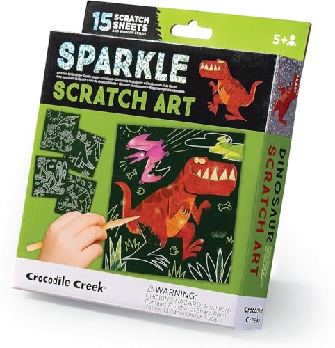 Crocodile Creek Dinosaur Scratch Art Set - 16 Sparkle Sheets with Stencil and Stylus for Kids Ages 3-8