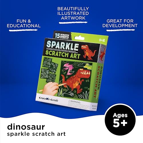 Crocodile Creek Dinosaur Scratch Art Set - 16 Sparkle Sheets with Stencil and Stylus for Kids Ages 3-8
