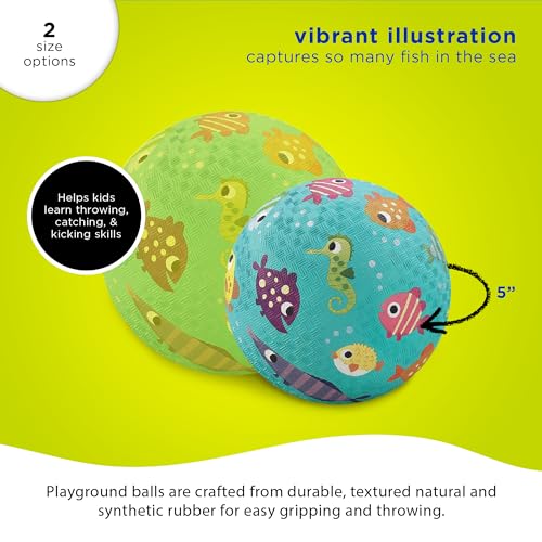 Crocodile Creek Playground Ball – Durable PVC-Free Rubber Ball for Kids Ages 3+ (Fish Design, 5" & 7" Sizes)