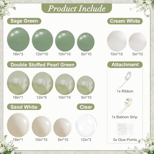 CROSSFINGERS 108Pcs Double Stuffed Sage Green Balloon Arch Kit for Weddings, Bridal Showers, Baby Showers, Birthdays
