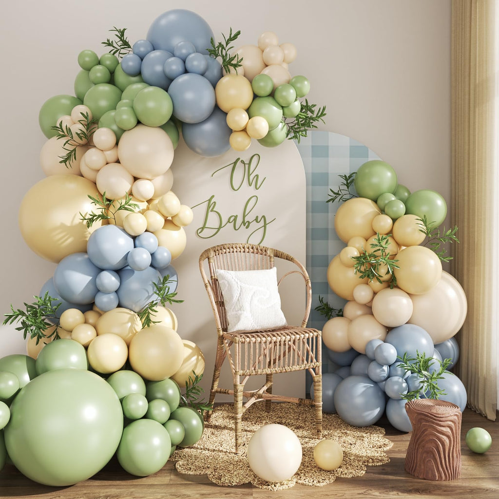 CROSSFINGERS 124-Piece Pastel Balloon Arch Kit – Sage Green, Dusty Blue, Yellow & Sand White for Baby Shower, Wedding, Birthday