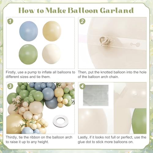 CROSSFINGERS 124-Piece Pastel Balloon Arch Kit – Sage Green, Dusty Blue, Yellow & Sand White for Baby Shower, Wedding, Birthday
