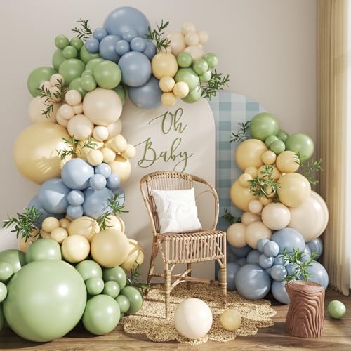 CROSSFINGERS 124-Piece Pastel Balloon Arch Kit – Sage Green, Dusty Blue, Yellow & Sand White for Baby Shower, Wedding, Birthday