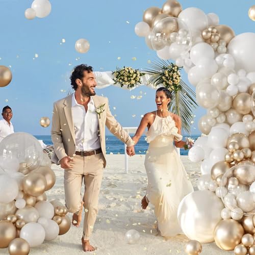 CROSSFINGERS 168pc Pearl Champagne Gold & White Balloon Garland Arch Kit for Parties