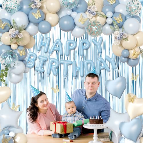 CROSSFINGERS Blue Birthday Decorations Set – 90+ Pieces Including Foil Balloons, Fringe Curtains & Gold Butterflies