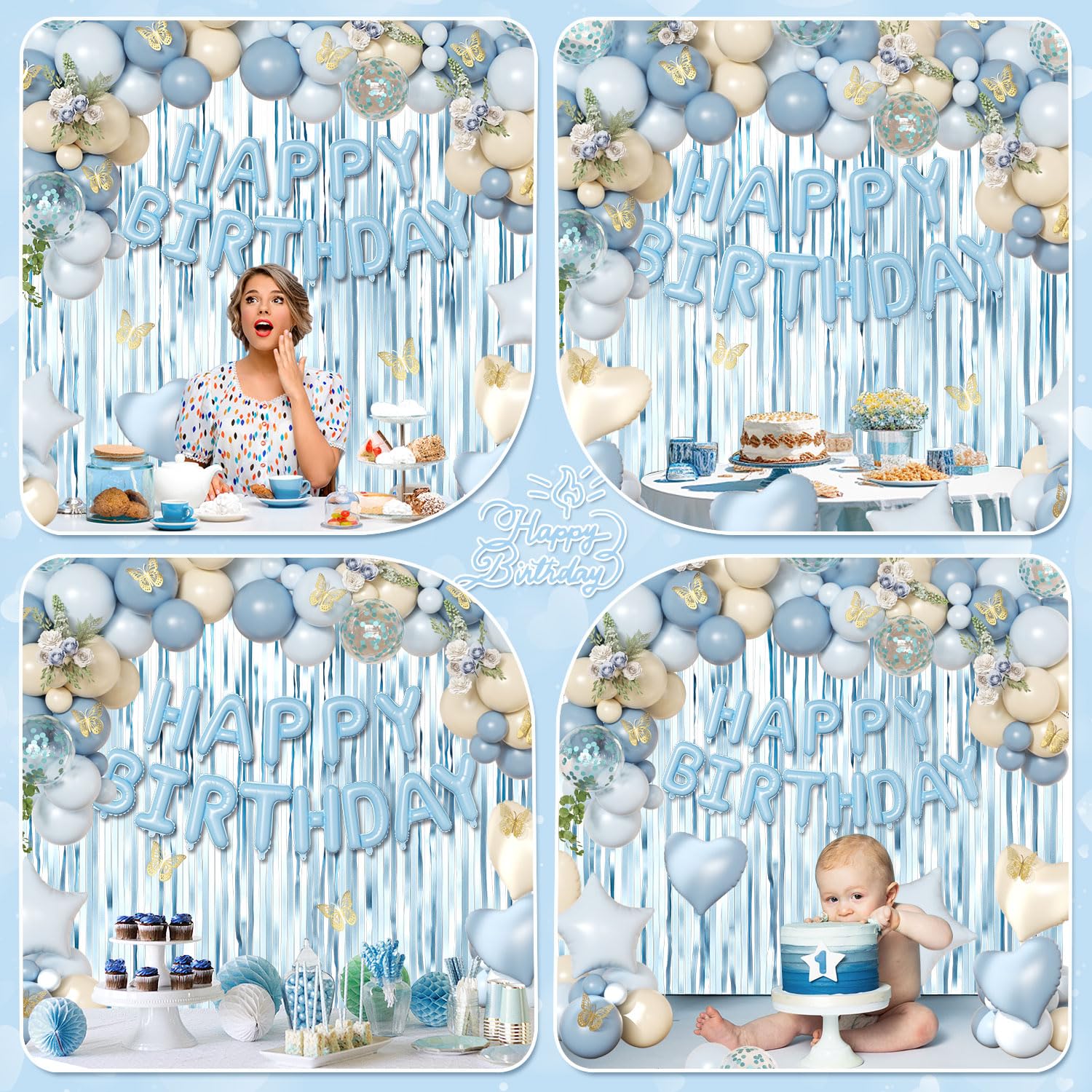 CROSSFINGERS Blue Birthday Decorations Set – 90+ Pieces Including Foil Balloons, Fringe Curtains & Gold Butterflies