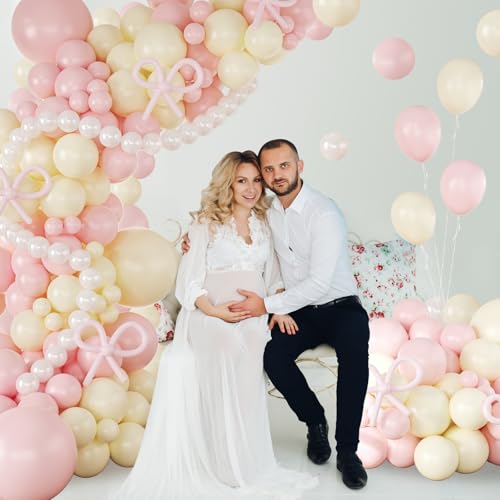 CROSSFINGERS Coquette Bow Balloon Arch Garland Kit - Pink, Yellow & Pearl White | 18", 12", 10", 5" Latex Balloons for Birthday, Bridal, Baby Shower Decor