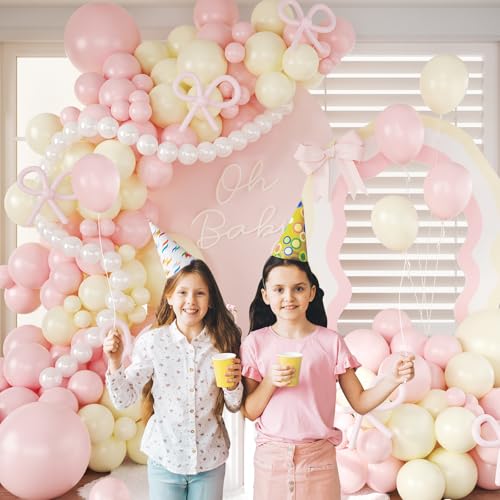 CROSSFINGERS Coquette Bow Balloon Arch Garland Kit - Pink, Yellow & Pearl White | 18", 12", 10", 5" Latex Balloons for Birthday, Bridal, Baby Shower Decor