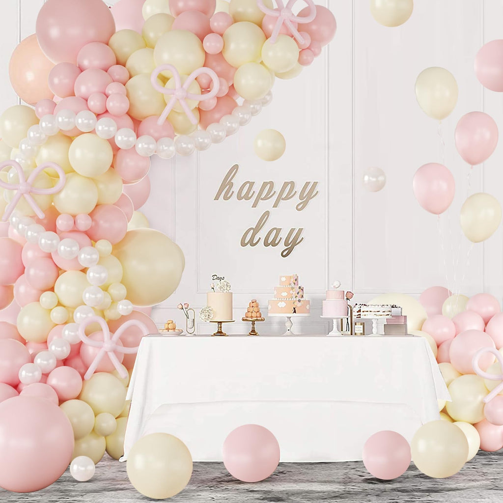 CROSSFINGERS Coquette Bow Balloon Arch Garland Kit - Pink, Yellow & Pearl White | 18", 12", 10", 5" Latex Balloons for Birthday, Bridal, Baby Shower Decor