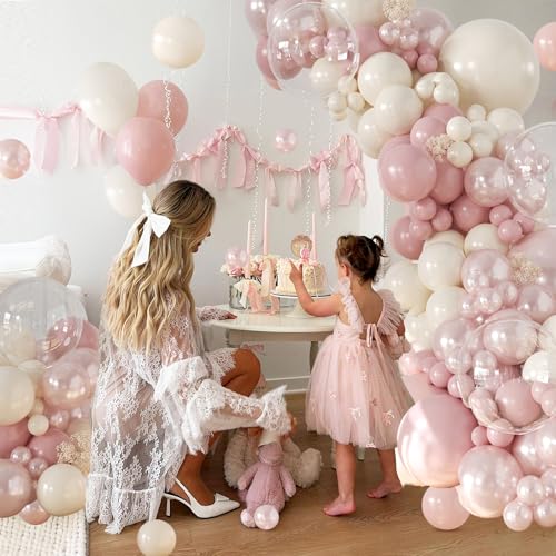 CROSSFINGERS Dusty Pink Balloon Garland Arch Kit - 168-Piece Double Stuffed Pearl White & Dusty Pink Balloons for Birthday, Wedding, Baby Shower Decorations
