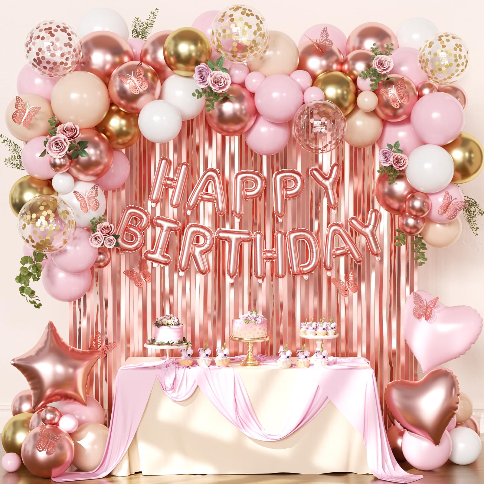 CROSSFINGERS Rose Gold Birthday Decorations 97-Piece Set – Foil & Latex Balloons, Fringe Curtains, Butterfly Decor for Women and Teens