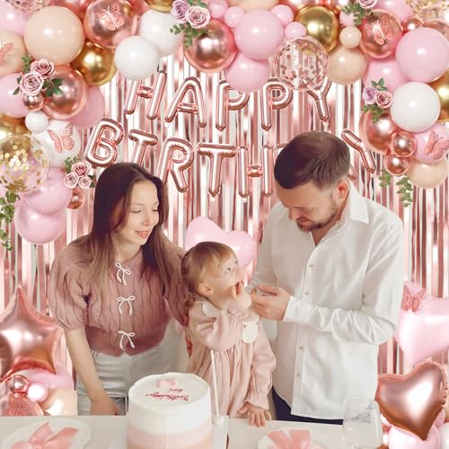CROSSFINGERS Rose Gold Birthday Decorations 97-Piece Set – Foil & Latex Balloons, Fringe Curtains, Butterfly Decor for Women and Teens