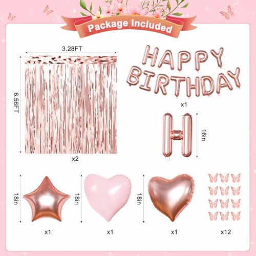 CROSSFINGERS Rose Gold Birthday Decorations 97-Piece Set – Foil & Latex Balloons, Fringe Curtains, Butterfly Decor for Women and Teens