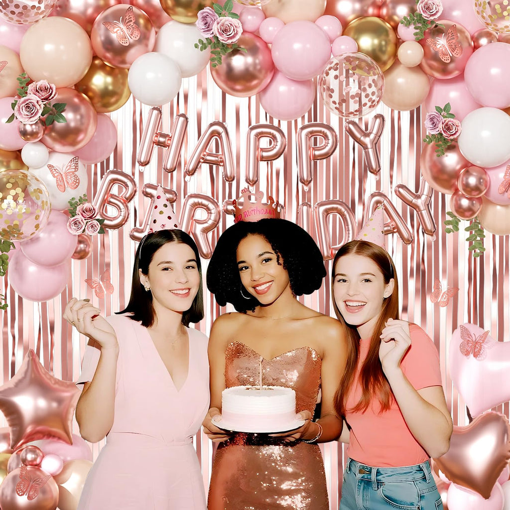 CROSSFINGERS Rose Gold Birthday Decorations 97-Piece Set – Foil & Latex Balloons, Fringe Curtains, Butterfly Decor for Women and Teens
