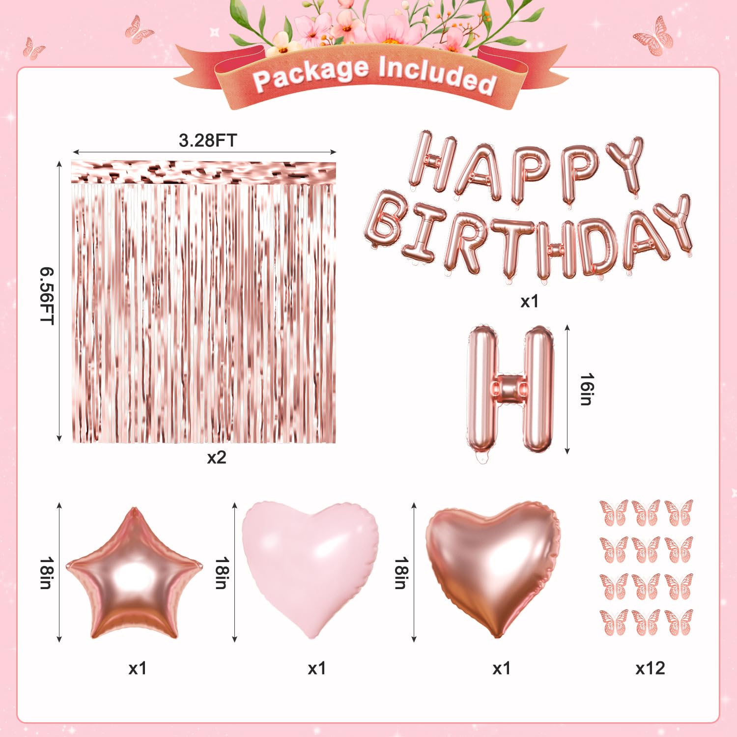 CROSSFINGERS Rose Gold Birthday Decorations 97-Piece Set – Foil & Latex Balloons, Fringe Curtains, Butterfly Decor for Women and Teens