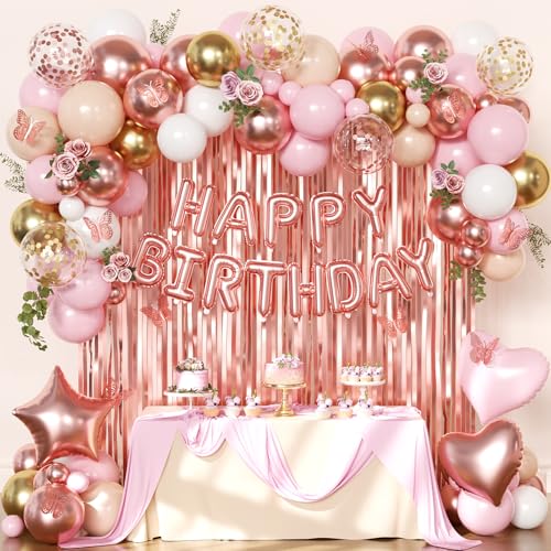 CROSSFINGERS Rose Gold Birthday Decorations 97-Piece Set – Foil & Latex Balloons, Fringe Curtains, Butterfly Decor for Women and Teens