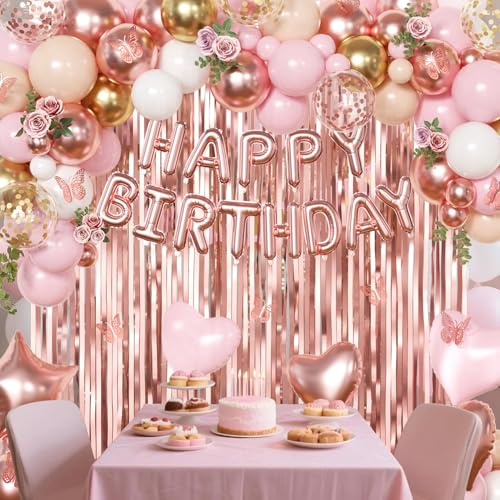 CROSSFINGERS Rose Gold Birthday Decorations 97-Piece Set – Foil & Latex Balloons, Fringe Curtains, Butterfly Decor for Women and Teens