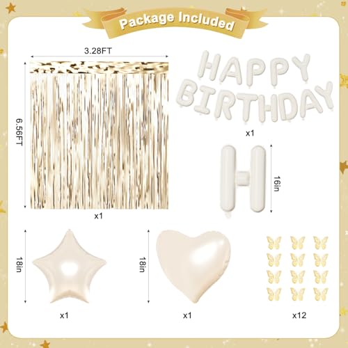 CROSSFINGERS White Gold Birthday Decorations: 94-Piece Set with Foil & Latex Balloons, Butterfly Decor, Fringe Curtains