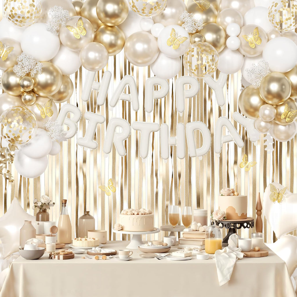 CROSSFINGERS White Gold Birthday Decorations: 94-Piece Set with Foil & Latex Balloons, Butterfly Decor, Fringe Curtains