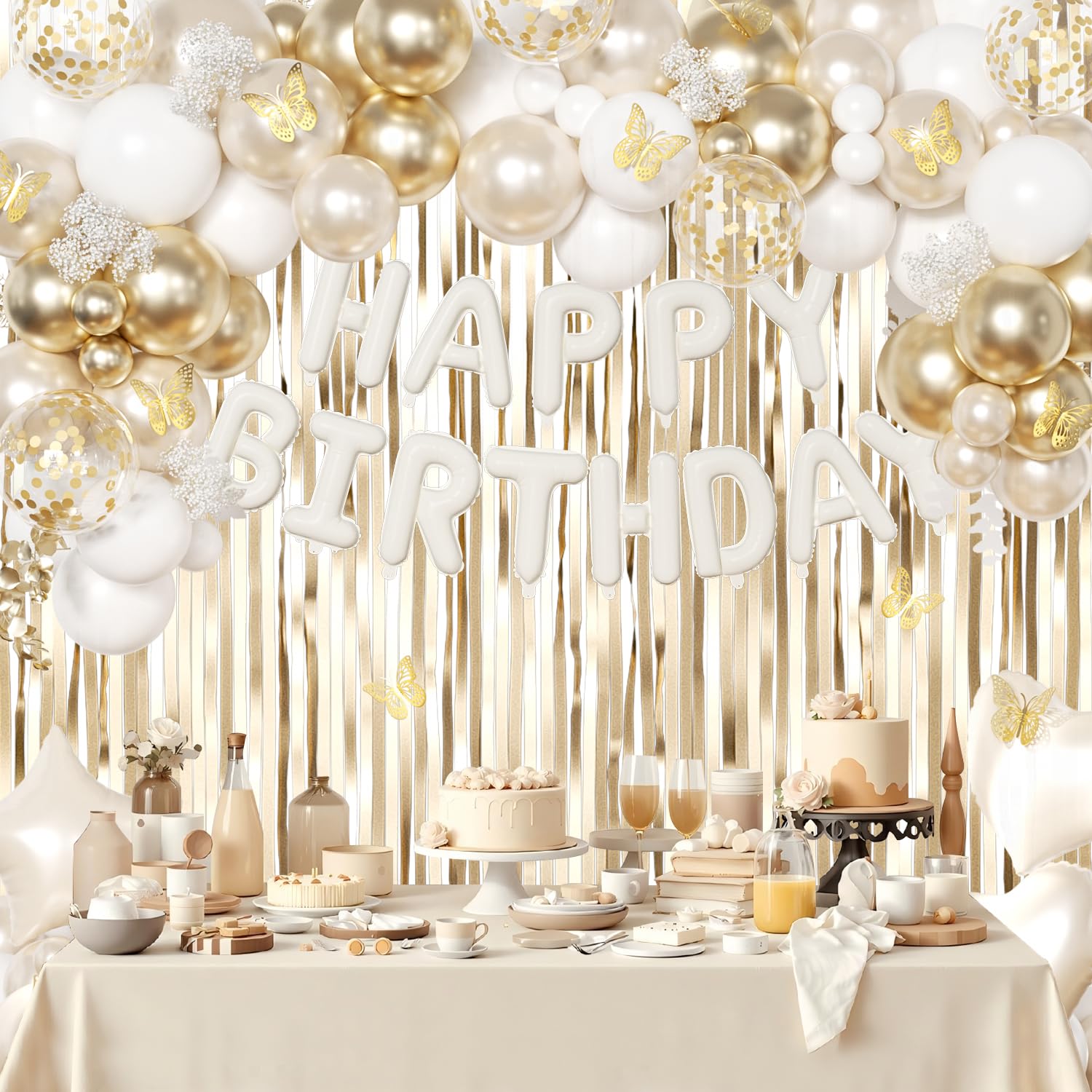 CROSSFINGERS White Gold Birthday Decorations: 94-Piece Set with Foil & Latex Balloons, Butterfly Decor, Fringe Curtains