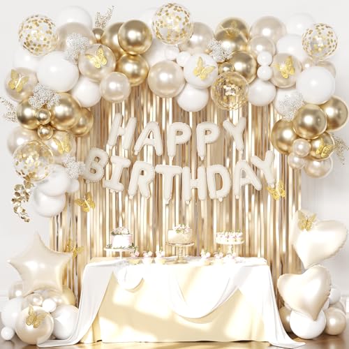 CROSSFINGERS White Gold Birthday Decorations: 94-Piece Set with Foil & Latex Balloons, Butterfly Decor, Fringe Curtains
