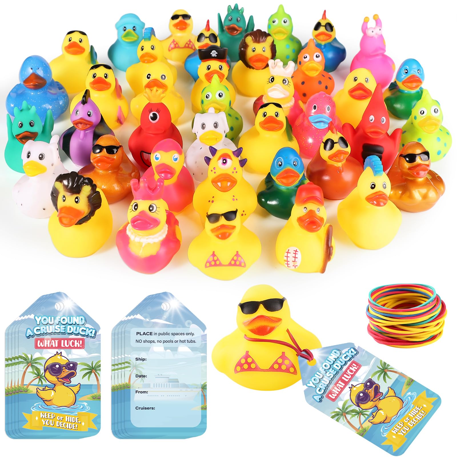 Cruise Rubber Duck Hiding Kit – 15 Ducks, 15 Tags, 20 Rubber Bands for Ducking Games